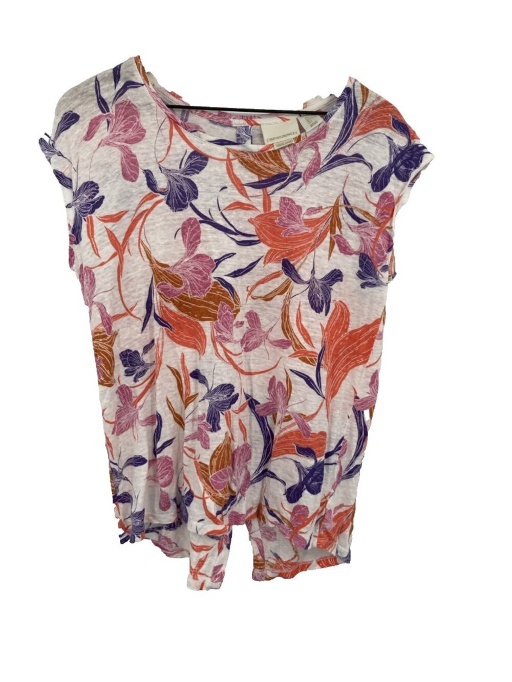 Cynthia Rowley Top Womens L  100% Linen Floral Button Back Orange Pink Purple